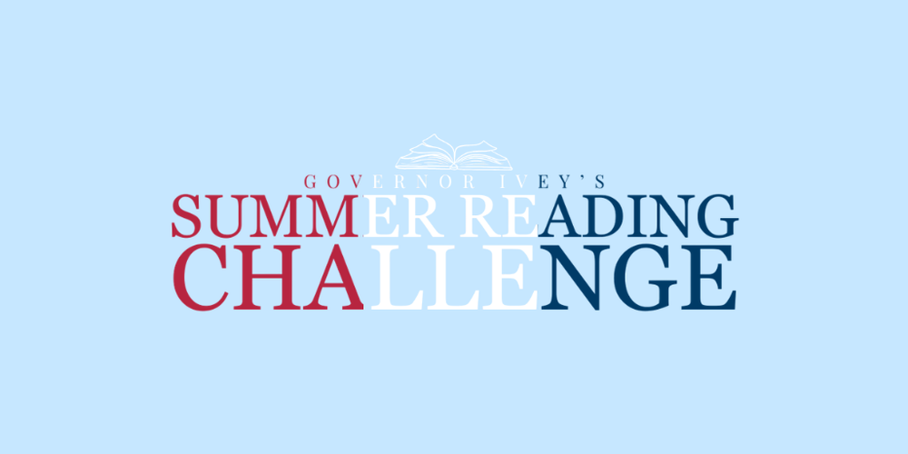 Red, white, and blue words that say Governor I'vey's Summer Reading Challenge on a light blue background