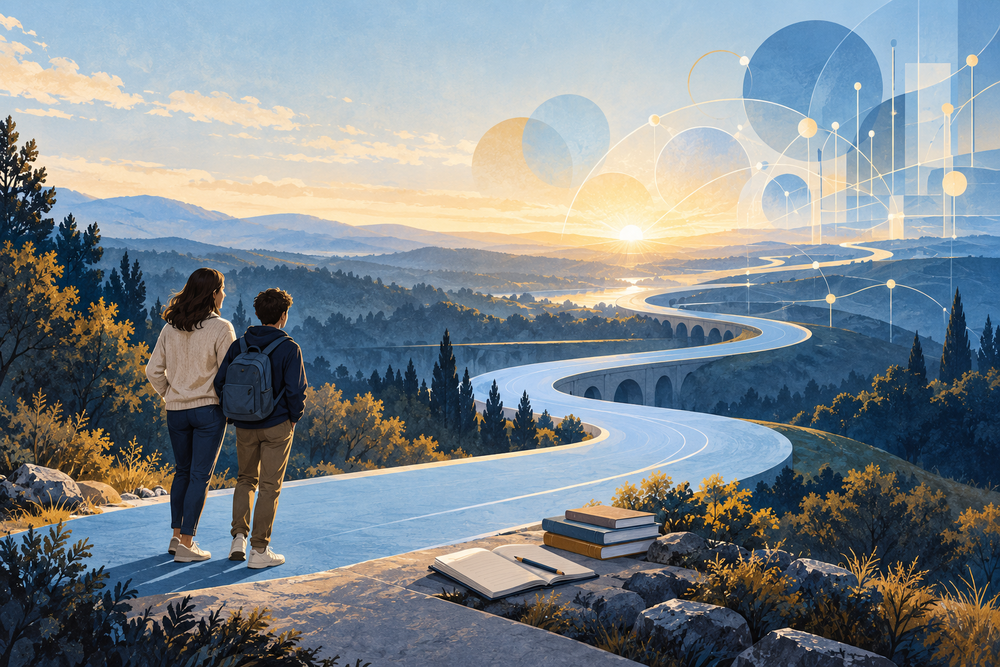Illustration of a caregiver and teenager facing a winding blue path toward a sunrise and digital networks, symbolizing preparation for a technology-driven future.