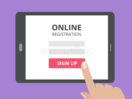 picture of ipad icon with "online registration sign up" in screen with purple background