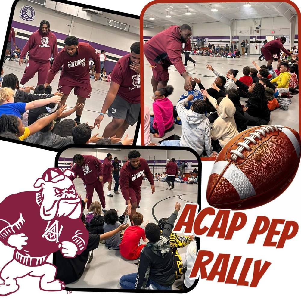 A collage of three pictures containing Alabama A&M football players giving high-fives to students .  The collage contains a graphic of the Alabama A&M bulldog mascot, a football, and the title "ACAP Pep Rally"
