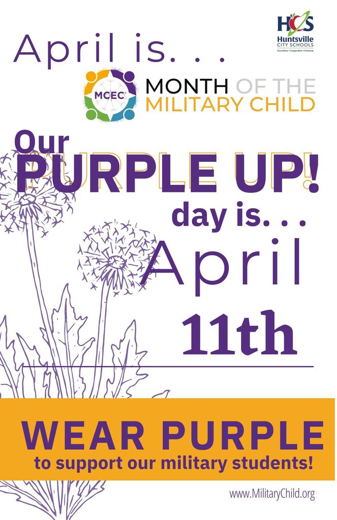 Purple Up Day is April 11. Wear purple to support military students.
