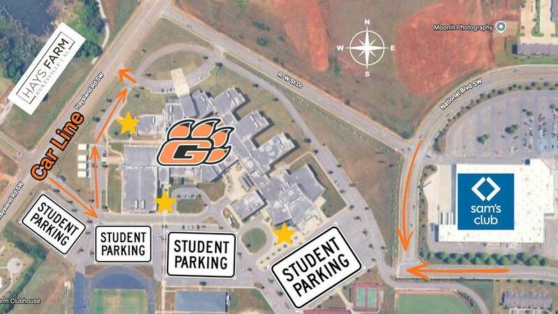 Grissom higfht school aerial view of GHS that details the traffic flow pattern for student-drivers and parents dropping off students