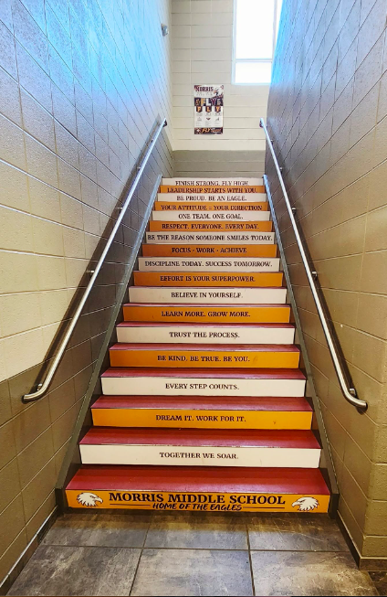 A stairwell with affirming words printed on each riser.