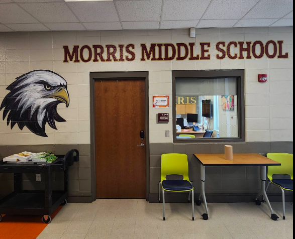 A mural around an office door and window. There is a large eagle's head to the left of the door and the workds "Morris Middle School" in crimson above the door and window.