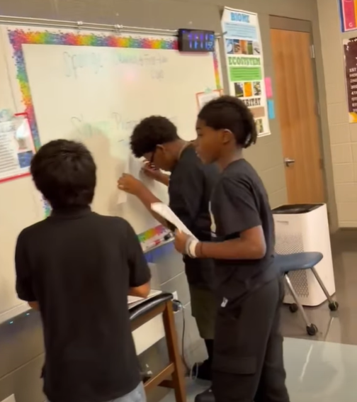 A group of Ms. Parker's students discuss their activity
