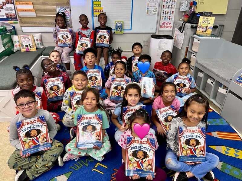 Ms Durr's first grade class with their copies of Grace for President