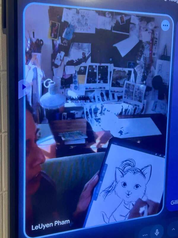 Ms. Pham making progress on her illustration during the virtual visit