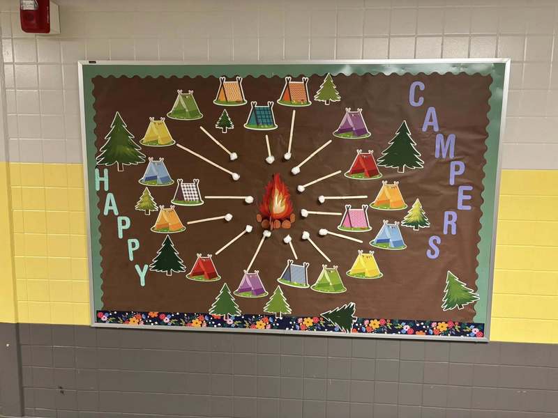 A fun bulletin board with the words Happy Campers and tents, a fire and roasting marshmallows.