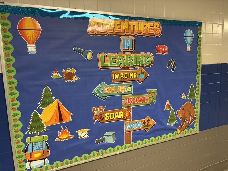 Another fun camping themed bulletin board with the words "Adventures in Learning" with signs pointing towards Imagine, Explore, Discover, Soar, and Grow