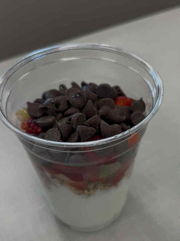 Yogurt bowl full of fruit and chocolate chips