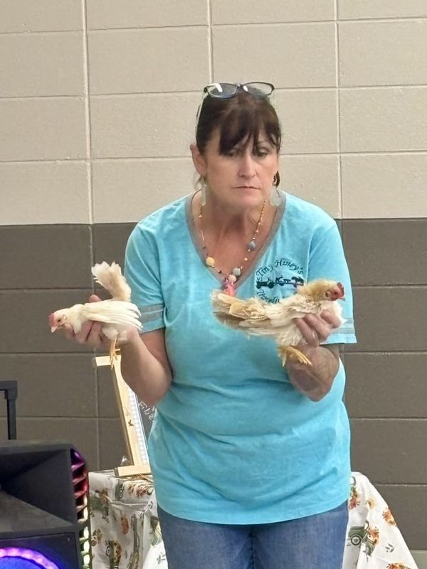 Susan showing students frizzle chickens