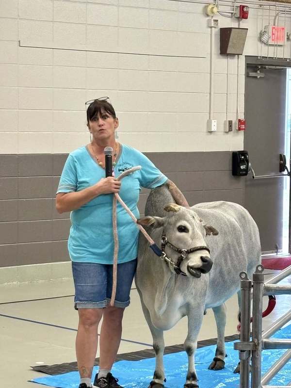 Susan with Bullseye, the Zebu cow, who they rescued from a slaughterhouse