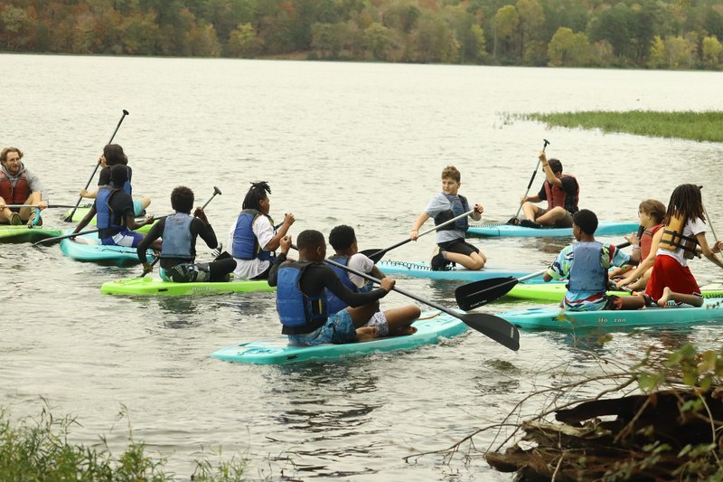 A group of people paddling boarding on a serene lake surrounded by trees and mountains in the background.
