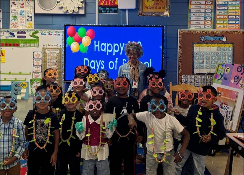Miss B's class celebrating the 100th day with 100 day glasses and fruit loop necklaces.