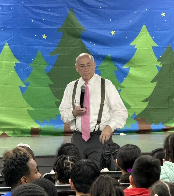 Mr. Spann in the Ridgecrest cafeteria for his presentation