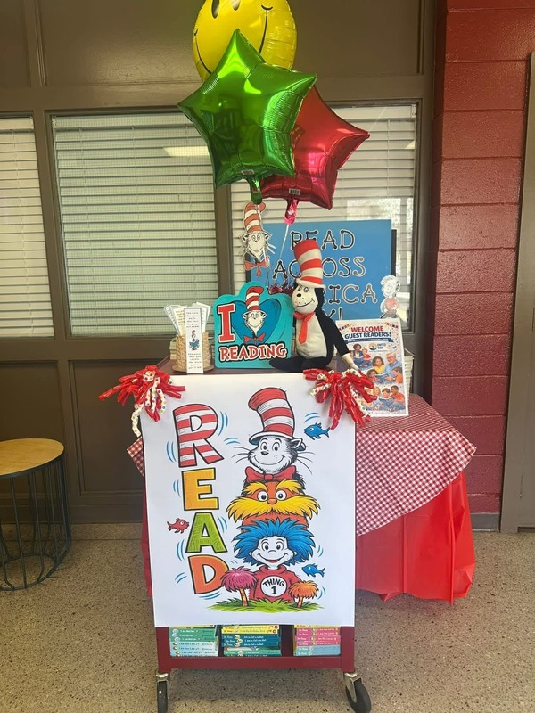 The cart that delivered books to students with Dr. Seuss decorations.