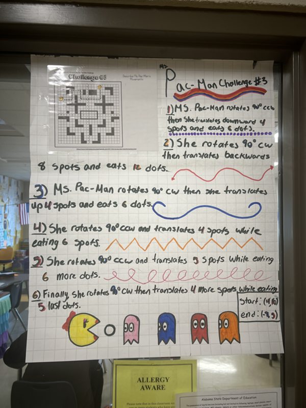A student-created poster featuring their version of the challenge, small drawings of Ms. Pacman and ghosts across the bottom of the page. This poster also inclcudes zig-zag and wavy lines. 