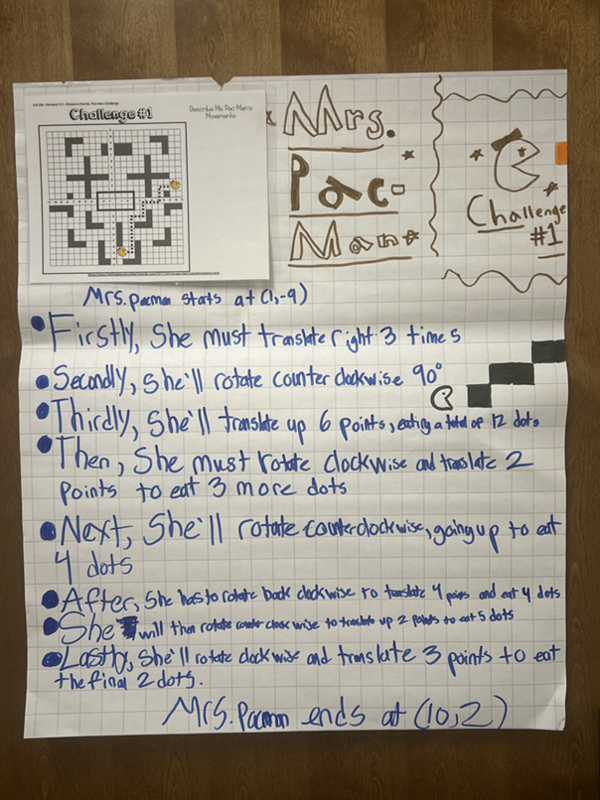 A student-created poster featuring their version of the challenge. This version features mostly blue text with a simple drawing of Ms. PacMan at the top right corner.