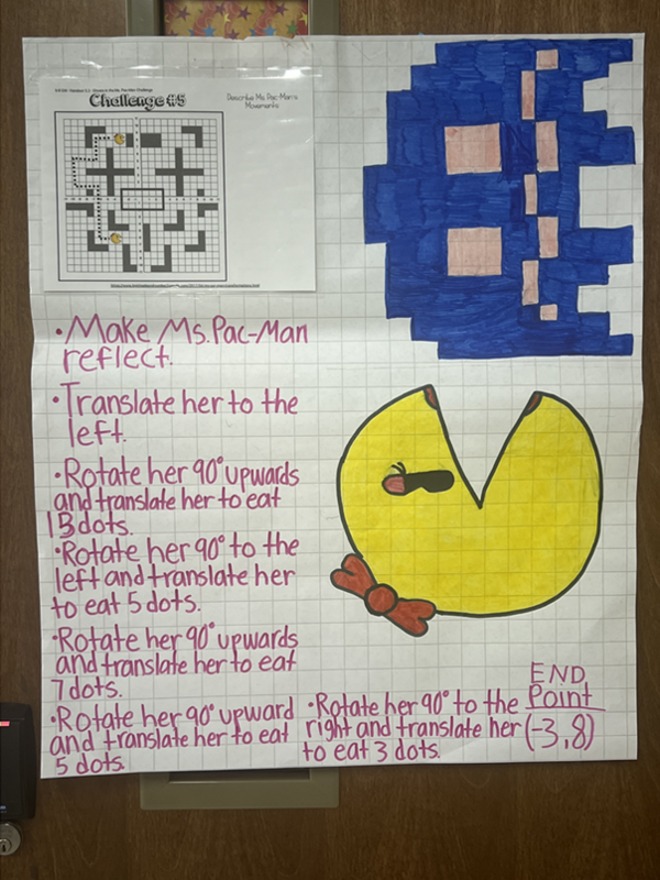 A student-created poster featuring small amount of text on the left side of the page and a very large Ms PacMan and one ghost placed vertically along the right side of the poster. 