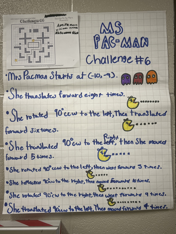 A student-created poster with well-spaced text in blue and a small Ms. Pacman or a group of ghosts at the end of each line. 