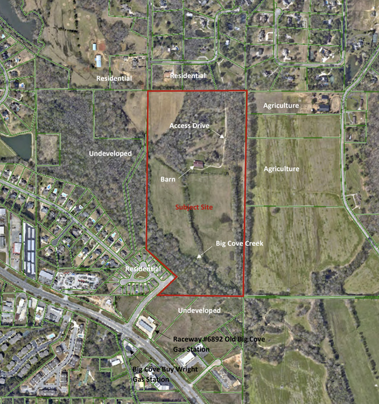 Satellite map image of Hampton Cove, showing the large area purchased by Huntsville City Schools behind the Old Big Cove Raceway Gas Station, along Big Cove Creek, and including Access Drive
