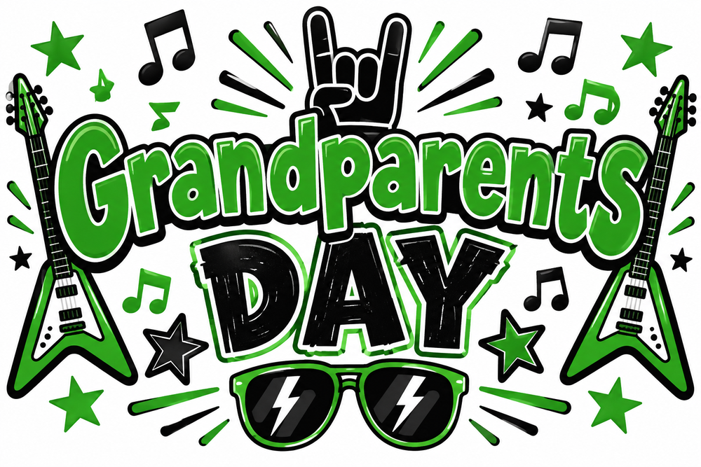Grandparents Day sign with guitars, sunglasses and music notes