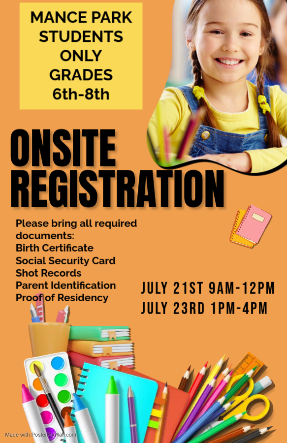 Hello Mance Park Parents! Need help with registration? We're here to assist you! Come see us on the se dates and times. 