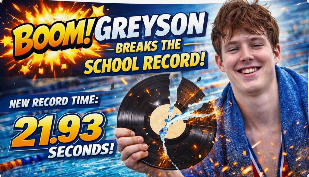 Graphic that celebrates our student Greyson breaking a record in a swim competition