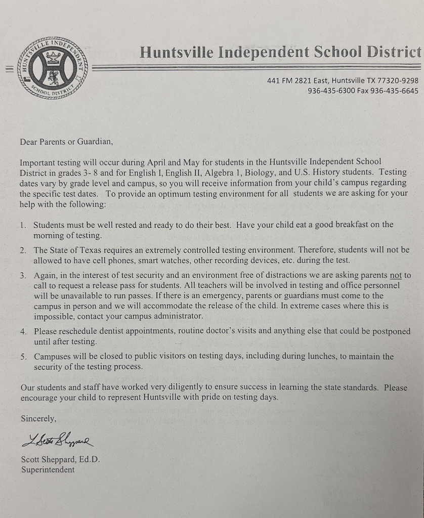 Letter from Superintendent English