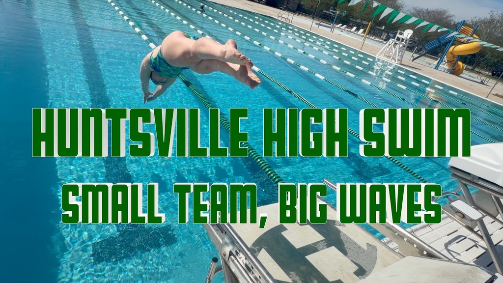 HHS Swimmer launching from the diving board- Huntsville High Swim:  Small Team, Big Waves