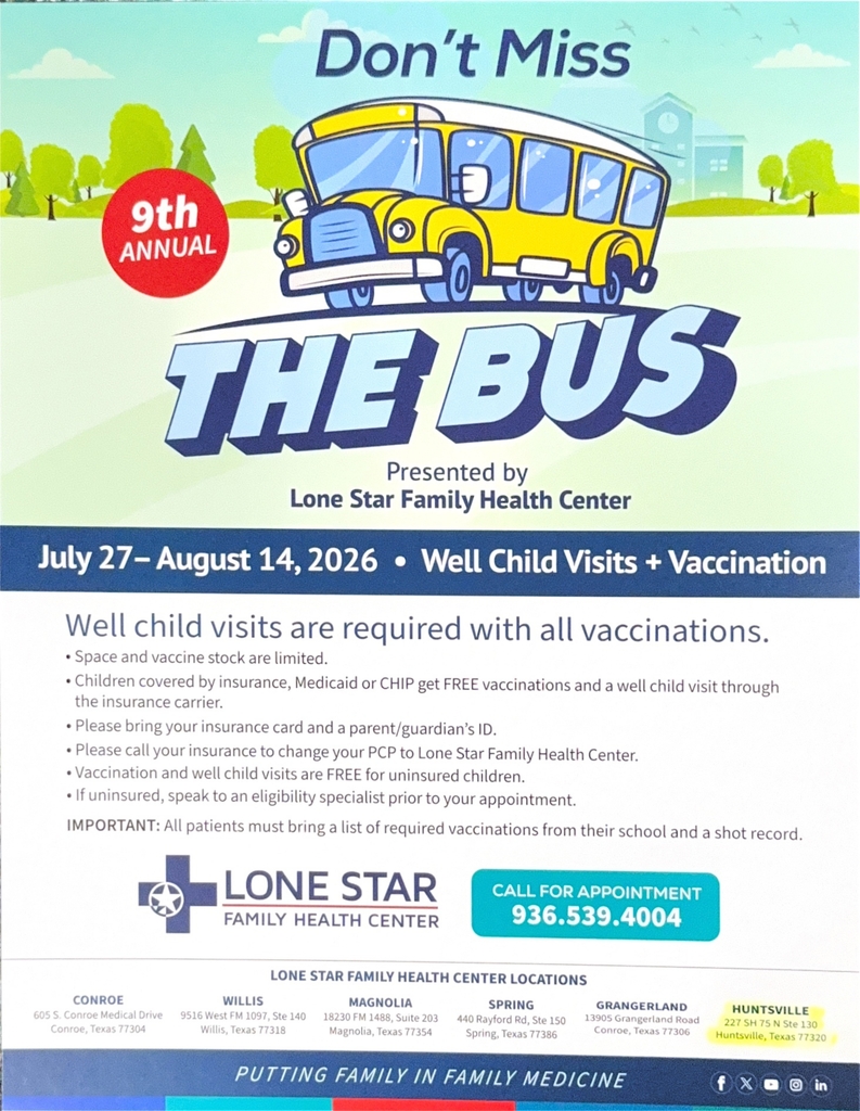 FREE well child visits and vaccinations this summer from July 27 – August 14 — call 936.539.4004 to schedule your appointment! 