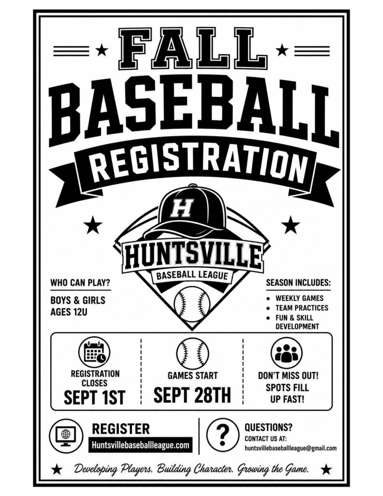Huntsville Baseball League Fall Baseball Registration Flyer