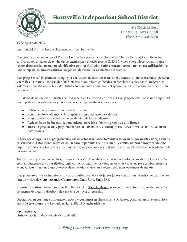 2026 HISD Accountability Results - Parent Letter