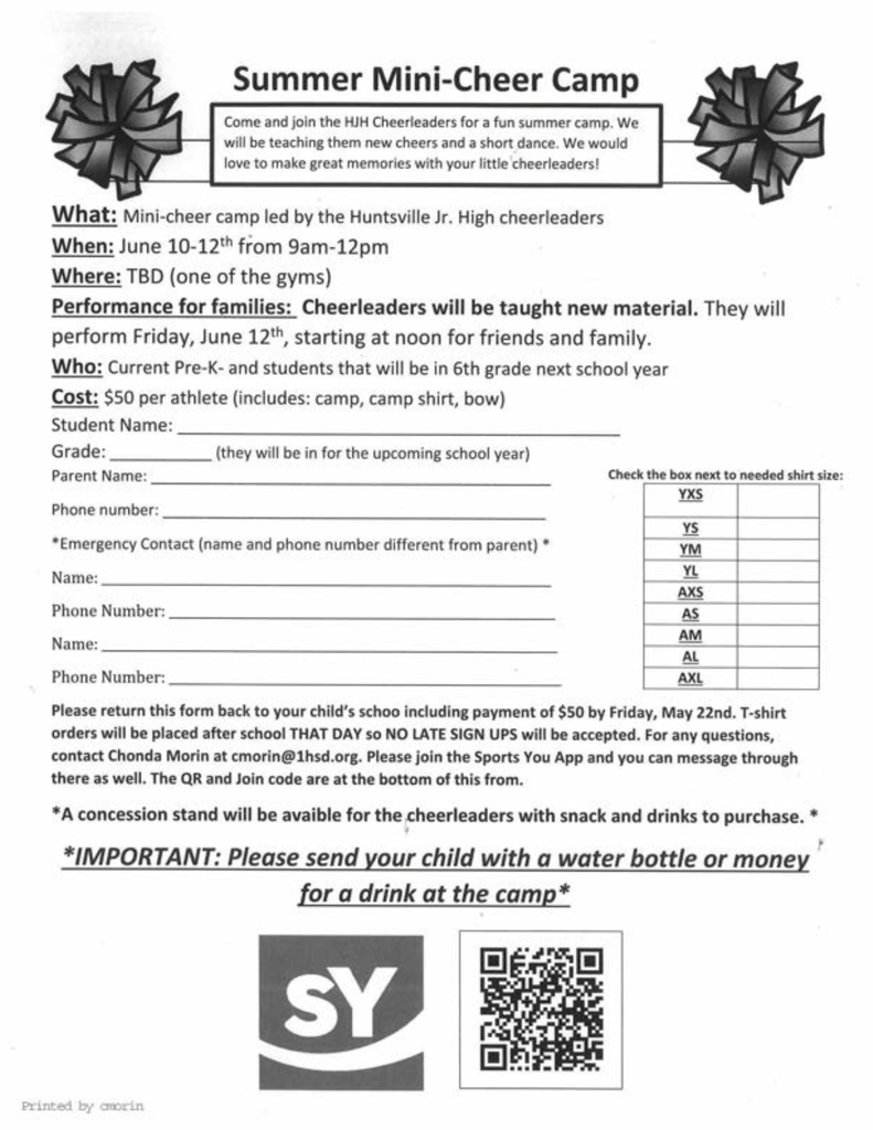 -Summer Mini Cheer Camp- Led by Huntsville Jr. High Cheerleaders June 10th - 12th @ 9am to 12pm $50 FORMS DUE 5/22/26 Pre-K to 6th 