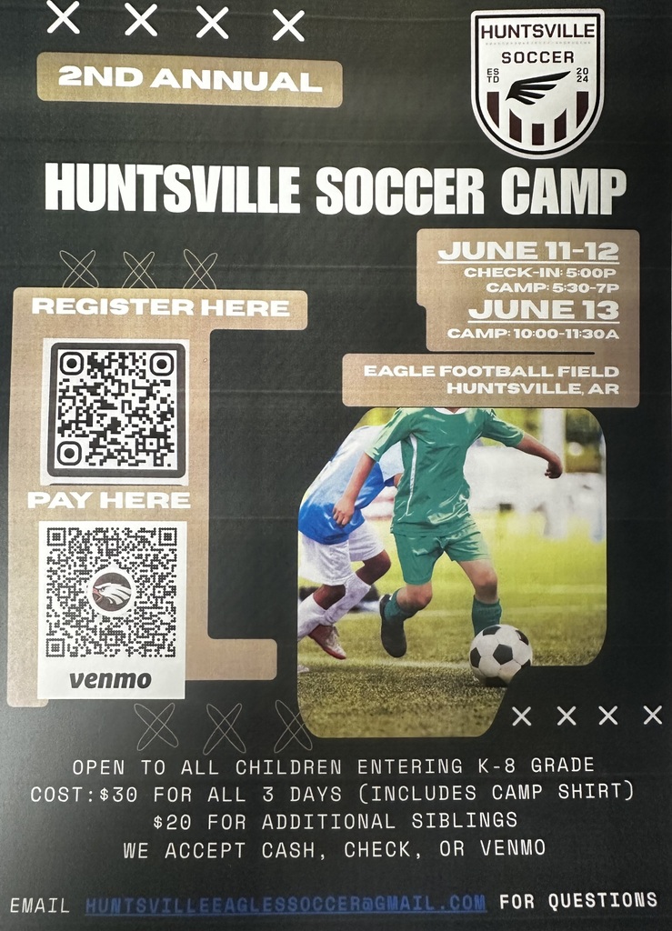 Huntsville Soccer Camp June 11-12  5pm - 7pm June 13th 10am - 11:30am $30 (includes camp shirt)
