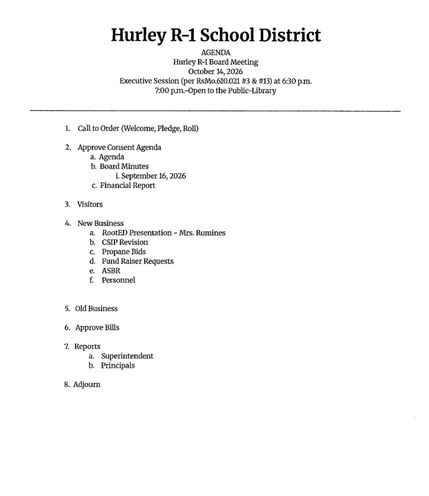 October Board Agenda