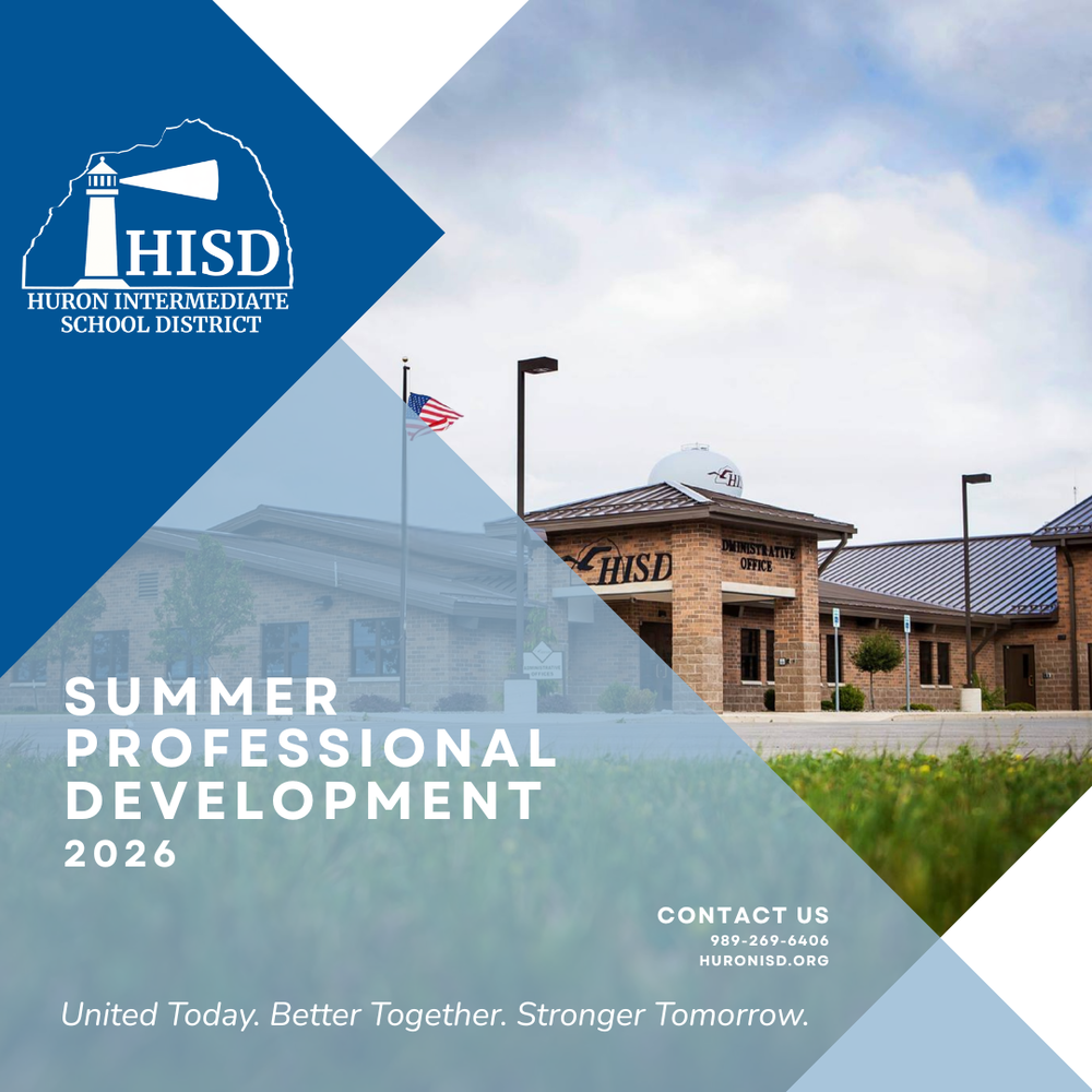 “Cover graphic for the Huron Intermediate School District 2026 Summer Professional Development catalog, featuring the HISD lighthouse logo, a photo of the administrative office building, and contact information.”