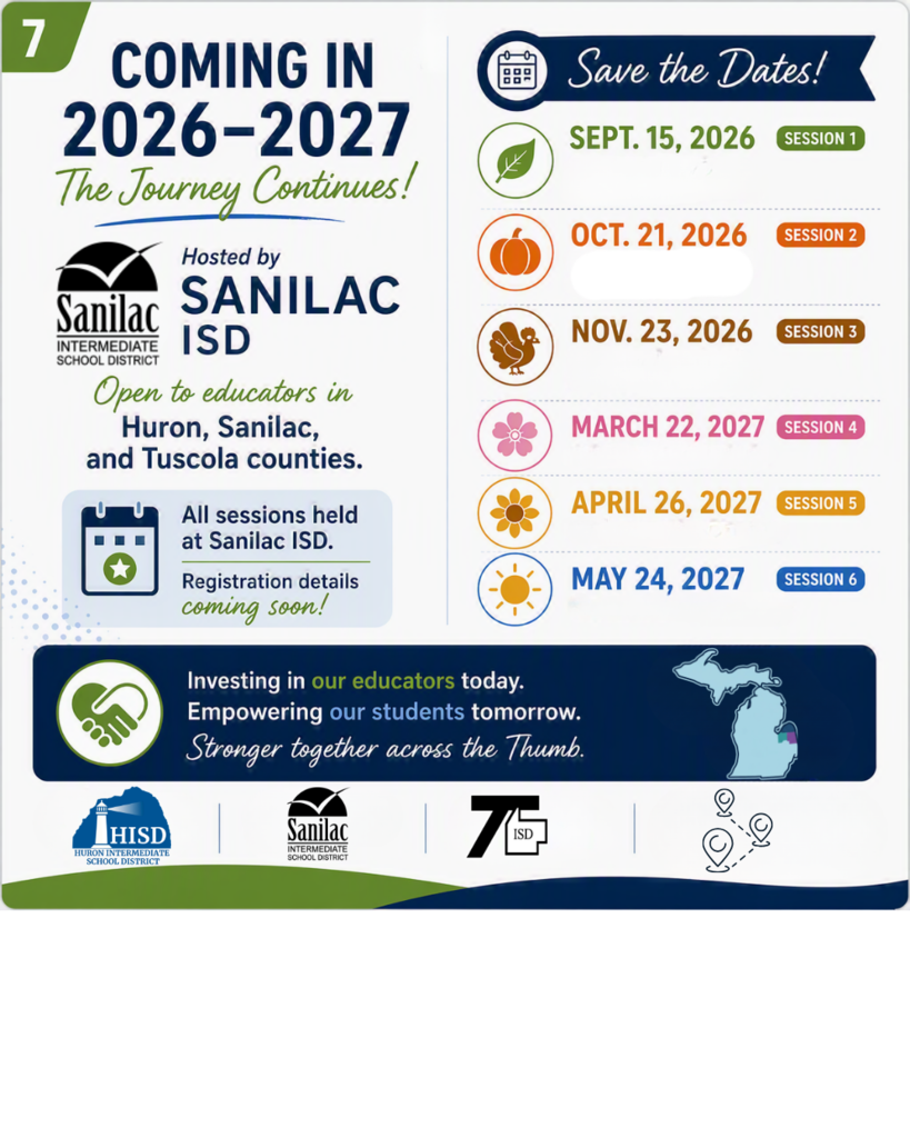 Slide titled "The Journey Continues — Hosted by Sanilac ISD." Announces the 2026–2027 AI Integration series, open to educators in Huron, Sanilac, and Tuscola counties. Lists six save-the-dates: September 15, 2026; October 21, 2026; November 23, 2026; March 22, 2027; April 26, 2027; and May 24, 2027. Closes with "Registration details coming soon" and the tagline "Investing in our educators today. Empowering our students tomorrow."