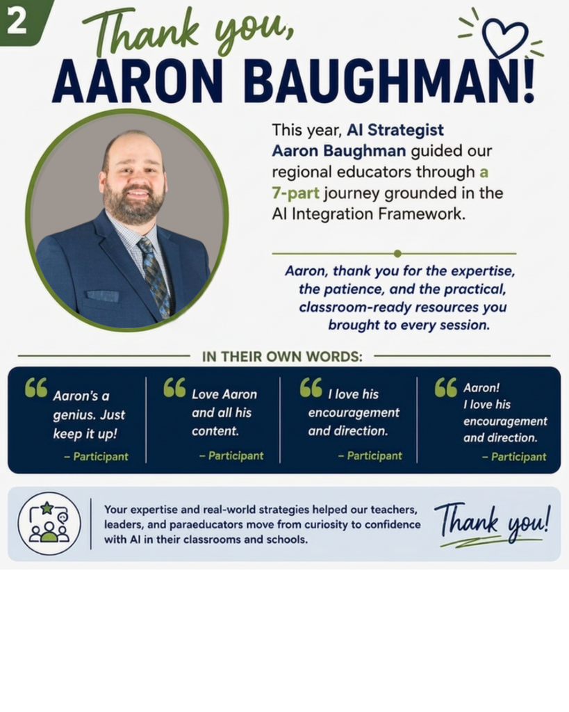 Slide thanking Aaron Baughman, AI Strategist, for leading the 7-part AI Integration series. Includes his photo and four participant quotes praising his content and encouragement: "Aaron's a genius — just keep it up!" / "Love Aaron and all his content." / "I love his encouragement and direction." / "Hands-on tricks." Closes with "Thank you, Aaron, for an incredible year!"