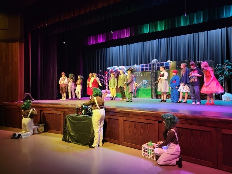 stage photo of the cast of the Willy Wonka Jr. production