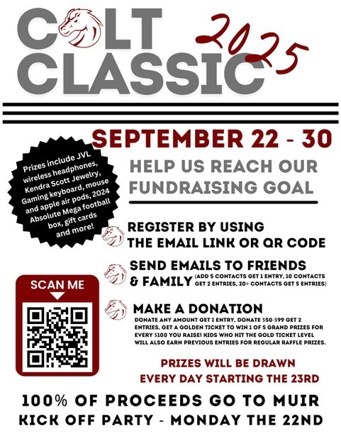 "Colt Classic 2025 fundraiser, Sept 22–30. Daily prize drawings, donations, and kickoff party on Sept 22."