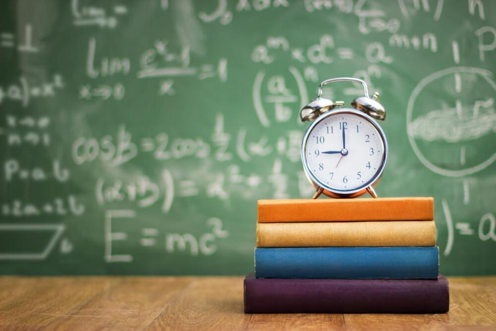 math, books, chalkboard, clock