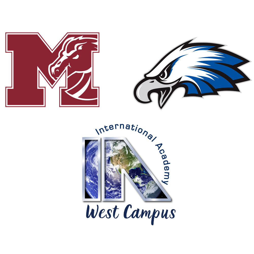3 logos.. milford high is a large M, Lakeland Eagles is the head of an eagle, and International Academy West which has an IA.