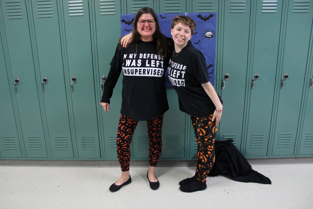 Mrs Stokes "twins" with a student for spirit week