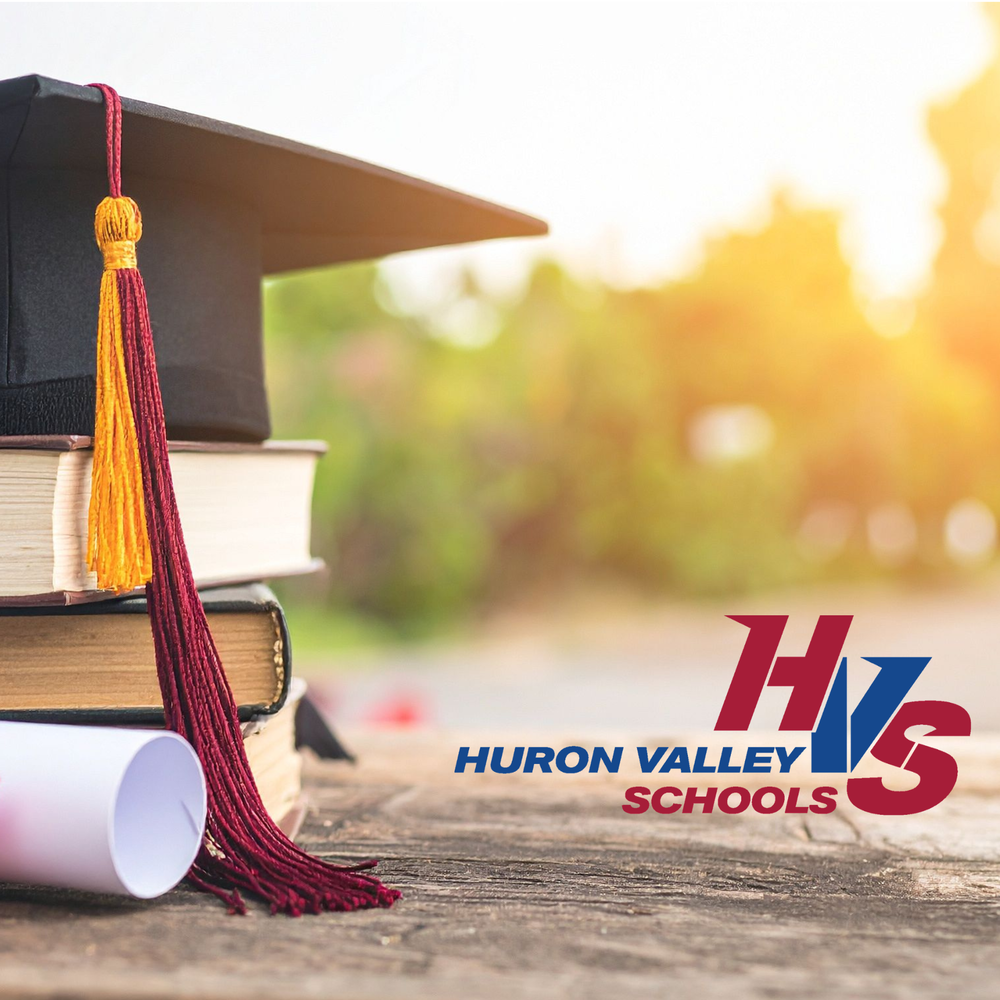 Image of a graduation cap & the Huron Valley Schools logo