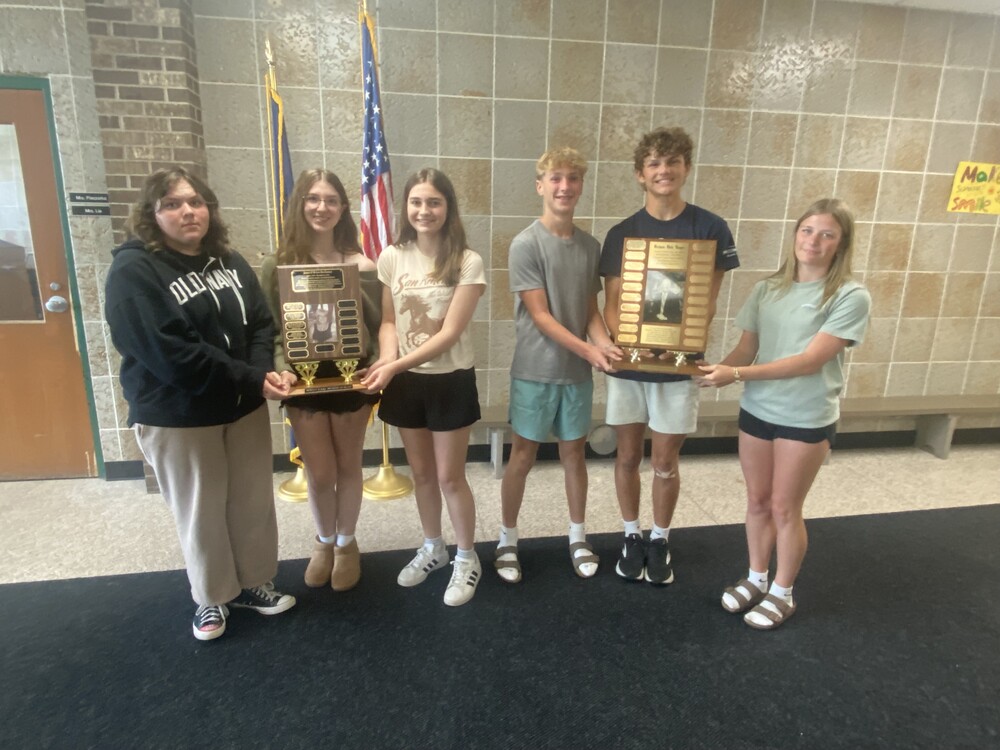 picture of our 6 8th graders who received the Janet O'Brien Buchanan Excellence in Fine Arts Award and the Richard Yeager Excellence in Athletics Award