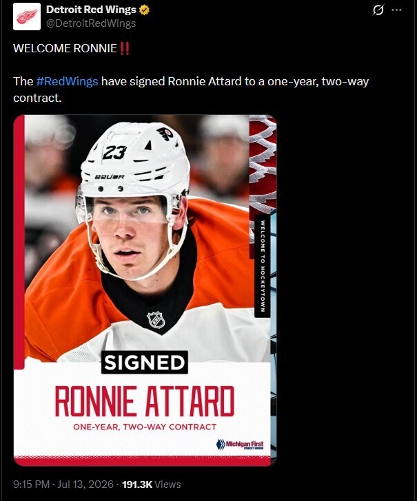 Image of a tweet by the red wings with a photo of ronnie attard, hockey player