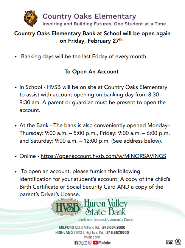 Huron Valley State Bank will be here soon! Open your accounts today!