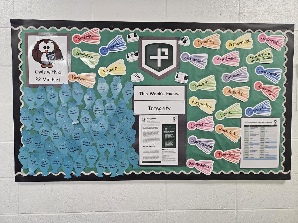 Oxbow's P2 bulletin board with students names and P2 traits
