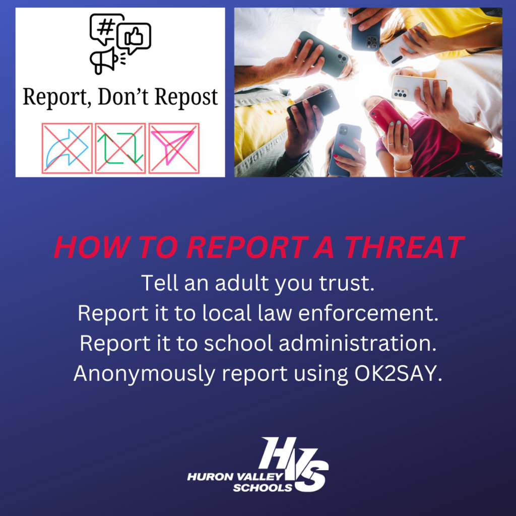 An infographic about reporting threats with icons, text, and a photo of hands holding smartphones in a circle. An infographic about reporting threats with icons, text, and a photo of hands holding smartphones in a circle.